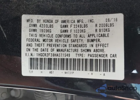 2017 Honda Accord Lx из США, поврежденный, VIN 1HGCR2F38HA071549